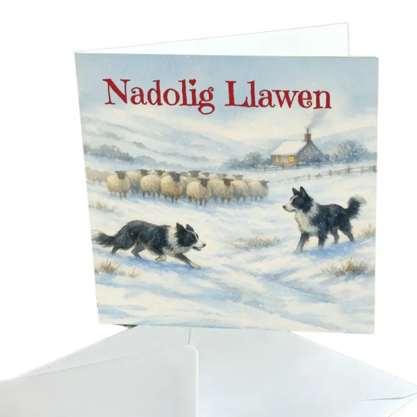 Cerdyn Nadolig - Nadolig Llawen (Defaid a chŵn yn yr eira)
